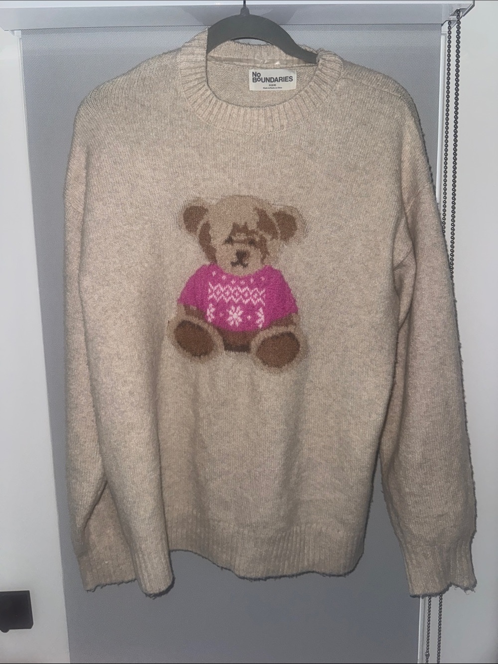 No Boundaries Light Brown Knit Sweater with Pink Teddy Motif